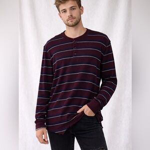 Merona Burgundy Striped Henley Waffle Knit Top XL Y2K Grunge Goth Moto Biker